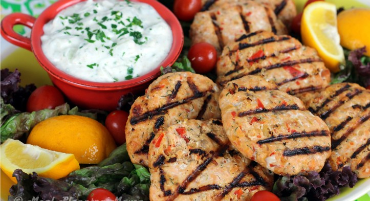 Grilled Salmon Burgers with Raita