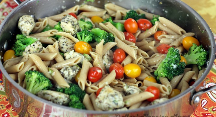 Garlicky Penne with Chicken, Broccoli ‘n Grape Tomatoes